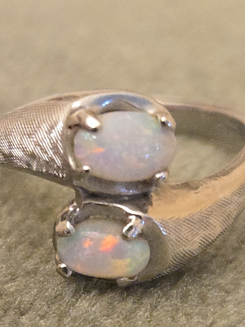 Opal Double Stone Silver Ring - Iridescent White Opal